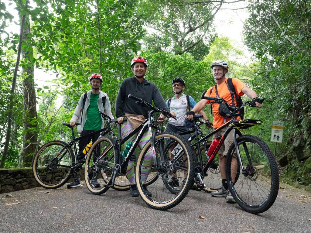 A group of 4 people stand holding black mountain bikes in a forest. They stand in a diamond format. On the front corner stands a woman, the other three are men. They are all wearing bicycle helmets.