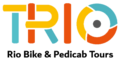 The logo for Trio, the owner of this site. The logo has the word Trio in all caps in a custom designed typeface in three colours- mid-tone blue, yellow and orange. Each letter is comprised of one, two or three-coloured segments, reminiscent of the UK Underground map. There is a dark grey dot in the middle of the O in Trio. Beneath the word TRIO is the subheading 'Rio Bike and Pedicab Tours' in black sans-serif font.